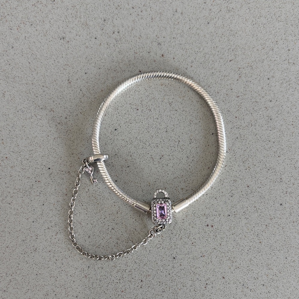 Sterling Silver 925 Lock & Key Pink Gemstone Charm Bracelet - will fit Pandora
